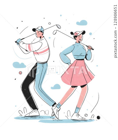 男女打高爾夫球的彩色流行插圖 128986651