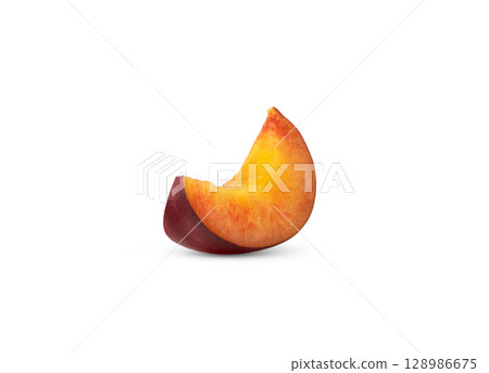 Single slice of nectarine peach isolated. Fresh plum slice with clipping path. 128986675
