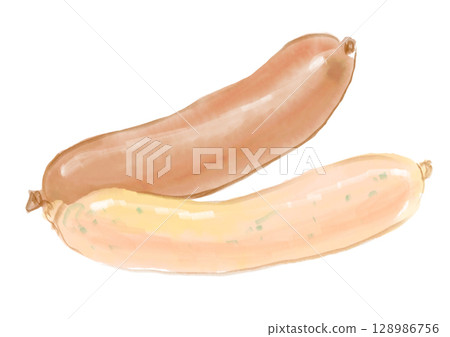 Hand-drawn watercolor illustration of two kinds of sausages, plain and herb 128986756