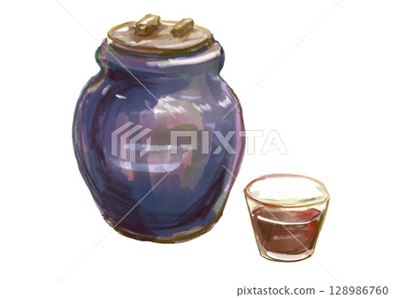 Hand-drawn watercolor illustration of black vinegar fermented and aged in a jar 128986760