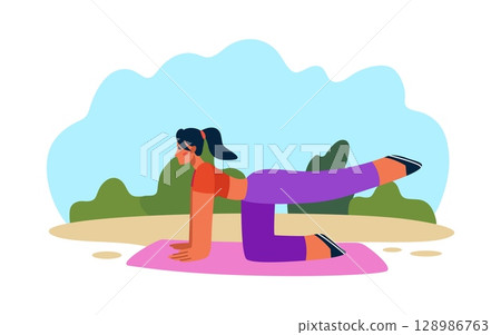 Yoga in park. Woman doing fitness exercises outdoors. Sport at nature. Female physical activity. Girl in workout pose. Healthy lifestyle. Stretching and Pilates. Vector cartoon illustration Yoga in park. Woman doing fitness exercises outdoors. Sport at nature. Female physical activity. Girl in workout pose. Healthy lifestyle. Stretching and Pilates. Vector cartoon illustration 128986763