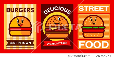 Burger posters. Cute food characters. Kawaii hamburger mascot. Grilled restaurant menu cover or advertising. Logotype design. Funny cheeseburger vector cartoon isolated illustration Burger posters. Cute food characters. Kawaii hamburger mascot. Grilled restaurant menu cover or advertising. Logotype design. Funny cheeseburger vector cartoon isolated illustration 128986765