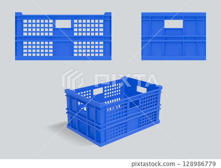 Plastic crate. Milk pallet box. Blue beer tray or open front container. 3D drink storage package. Warehouse reusable pack side view. Supermarket basket. Vector packaging mockups set 128986779