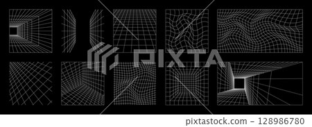 Grid pattern. Line y2k wireframe. 3D vaporwave shape or cyberpunk 2000s technology. Future trippy poster. Cyberspace mesh. Checkered surface. Distorted vortex. Vector cyber backgrounds set 128986780