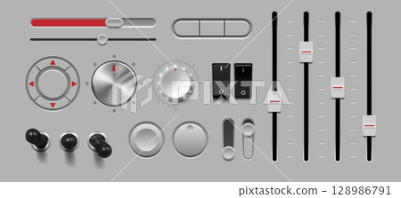3d button. Control slider knob. Sound switch panel or metal radio dial. Stereo equipment. Music level tuner. Recorder equalizer. Multimedia regulator. Vector realistic console sliders set 3d button. Control slider knob. Sound switch panel or metal radio dial. Stereo equipment. Music level tuner. Recorder equalizer. Multimedia regulator. Vector realistic console sliders set 128986791