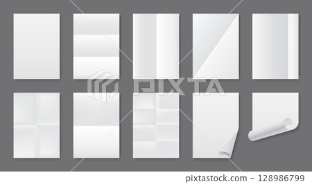 Paper sheet. White letter with line shadow. Isolated message envelope. Blank a4 document format with curl corner. Wrinkled notepaper. Folded notepad page. Empty notes set. Vector background 128986799