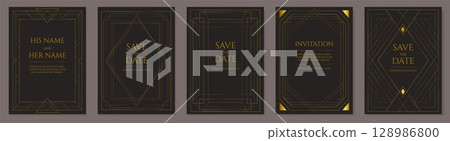 Gold frame. Art deco card. Wedding invitation. Elegant line border or holiday vintage label. Premium VIP Gatsby design. Marriage ceremony celebration. Vector retro poster templates set 128986800