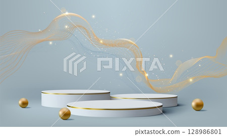 3d white podium. Gold platform background, product stand or stage, pedestal with box. Square award display. Minimal backdrop for product presentation, realistic showcase. Vector mockup 128986801