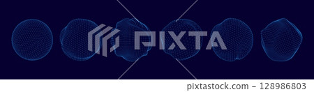 3D sphere. Digital dot globe. Abstract global matrix wireframe or mesh particle pattern. World wire orb. Minimal ball structure. Planet orb. Amorphous figures. Vector round shapes set 128986803