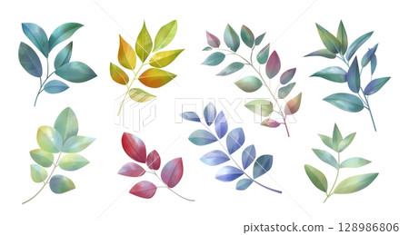 Watercolor leaf. Flower leaves, tropic green floral plant branch or fern foliage texture. Exotic painting. Natural eucalyptus. Decorative botanical colorful elements. Vector illustration Watercolor leaf. Flower leaves, tropic green floral plant branch or fern foliage texture. Exotic painting. Natural eucalyptus. Decorative botanical colorful elements. Vector illustration 128986806