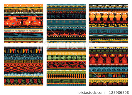 African seamless pattern. Tribal ethnic animals. Fashion geometric primitive art symbols. Repeated Boho print. Safari botanical ornaments. Indigenous ethno decor. Vector backgrounds set 128986808