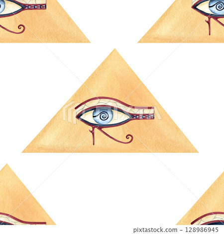 Egyptian abstract pyramid, eye of Horus seamless pattern. Ancient god, repeat religion icon, symbol. Watercolor illustration isolated from background. African Arab style for souvenir products Egyptian abstract pyramid, eye of Horus seamless pattern. Ancient god, repeat religion icon, symbol. Watercolor illustration isolated from background. African Arab style for souvenir products 128986945