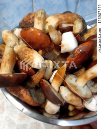 Assorted Fresh and Sauteed Mushrooms in a Shiny Metal Mixing Bowl 128987353