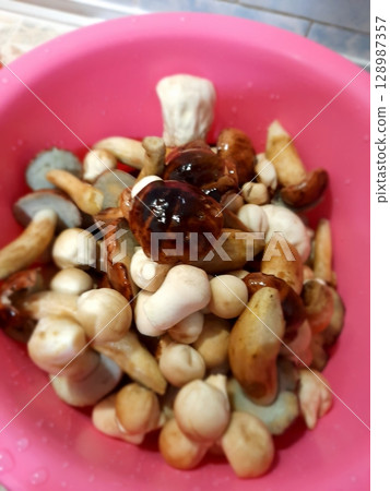 Assorted Fresh and Cooked Mushrooms in a Bright Pink Bowl for Meal Prep 128987357