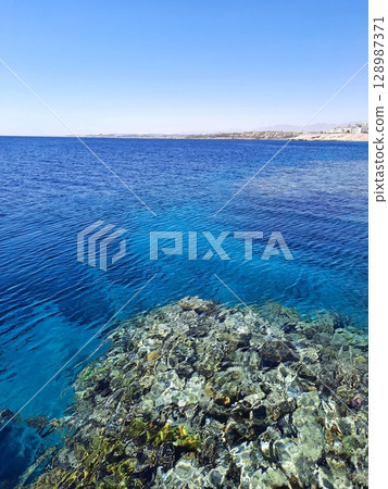 Vast Blue Ocean Meeting Vibrant Underwater Coral Reef Along a Serene Coastal Horizon Vast Blue Ocean Meeting Vibrant Underwater Coral Reef Along a Serene Coastal Horizon 128987371