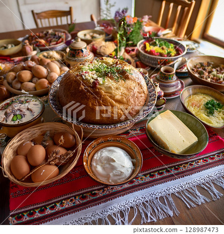 Traditional Romanian Easter Feast on Table Traditional Romanian Easter Feast on Table 128987473