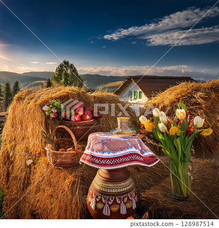 Traditional Romanian Easter Picnic Celebration Outdoors 128987514