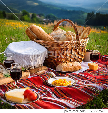 Traditional Romanian Easter Picnic Celebration Outdoors 128987526