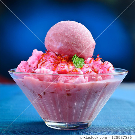 Colorful Pink Shaved Ice Dessert Delight 128987586