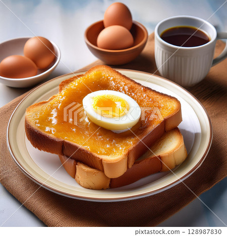 Kaya Toast with Butter and Soft Eggs 128987830
