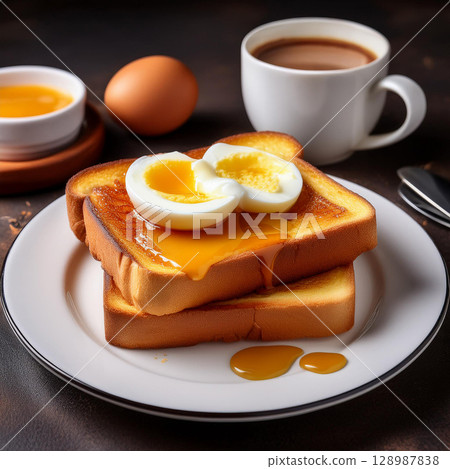 Kaya Toast with Butter and Soft Eggs 128987838