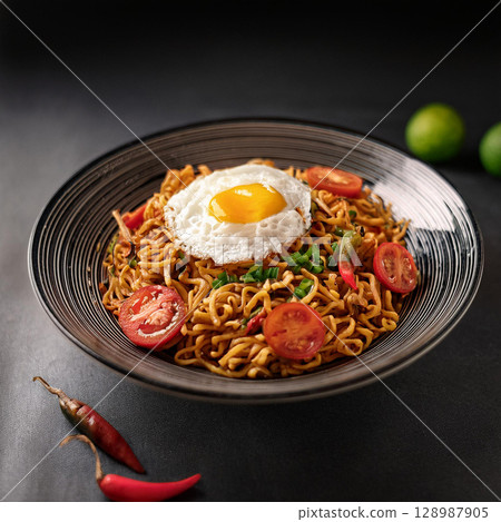 Spicy Mee Goreng with Fried Egg 128987905