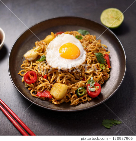 Spicy Mee Goreng with Fried Egg 128987906