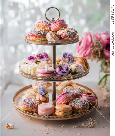Delightful Baked Goods on Three-Tier Stand 128988179
