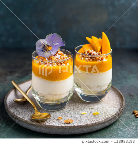 Elegant Dessert Glasses on Stone Plate Elegant Dessert Glasses on Stone Plate 128988198