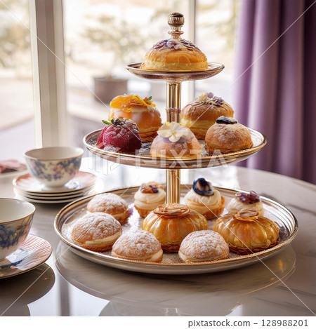 Elegant Pastries and Tea Time Delight 128988201