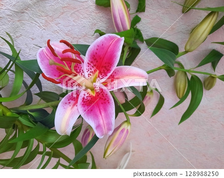 Striking Pink Lily with Speckled Petals in a Delicate Floral Arrangement Indoors Striking Pink Lily with Speckled Petals in a Delicate Floral Arrangement Indoors 128988250