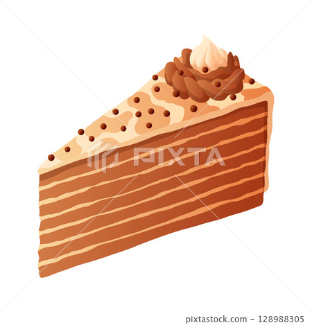 Cake slice. Colorful sweet cake piece, isolated on white. Cafe dessert menu, isometric hand drawn icon. Cute cartoon vector illustration Cake slice. Colorful sweet cake piece, isolated on white. Cafe dessert menu, isometric hand drawn icon. Cute cartoon vector illustration 128988305