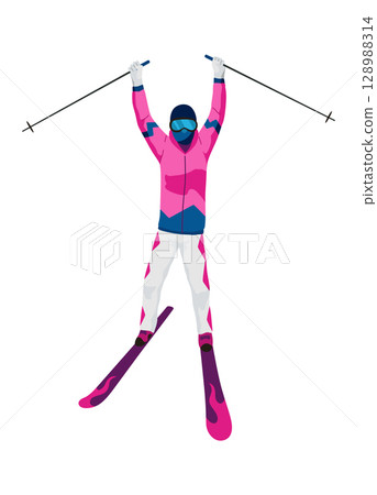 Skier, icon. Sportsman doing sport activity. People riding skis. Cartoon winter sport character, travel activity. Concept of vacation. Vector illustration isolated on white background 128988314