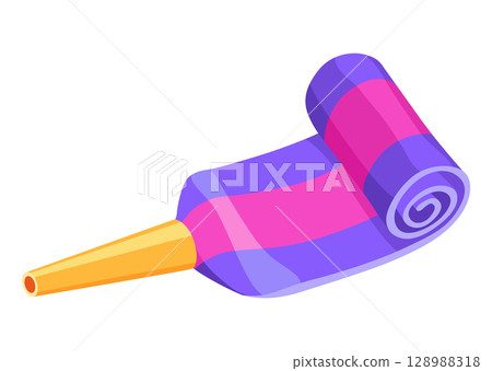 Party blower or noise maker icon. Rolled sound, celebration concept. Flat design of party horn sticker. Vector cartoon illustration Party blower or noise maker icon. Rolled sound, celebration concept. Flat design of party horn sticker. Vector cartoon illustration 128988318