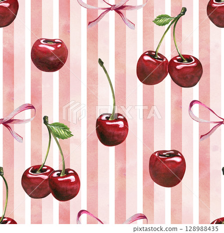 Seamless pattern hand-painted watercolor illustration with red cherries and pink bows on soft pink vertical stripes. Clean and cheerful design suitable for packaging and textiles. Seamless pattern hand-painted watercolor illustration with red cherries and pink bows on soft pink vertical stripes. Clean and cheerful design suitable for packaging and textiles. 128988435