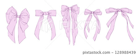 Set of large pink coquette bows with long tails made of textile satin and silk ribbons. Hand-drawn illustration in line art graphic. For women, girls, holidays, decoration, accessories and gifts. Set of large pink coquette bows with long tails made of textile satin and silk ribbons. Hand-drawn illustration in line art graphic. For women, girls, holidays, decoration, accessories and gifts. 128988439