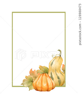 Hand-drawn Autumn Harvest Frame with Pumpkins and Leaves. Fall Season Design Element for Cards and Invitations. 128988473