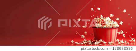 Large striped bucket of popcorn with spilled kernels on red background 128988556