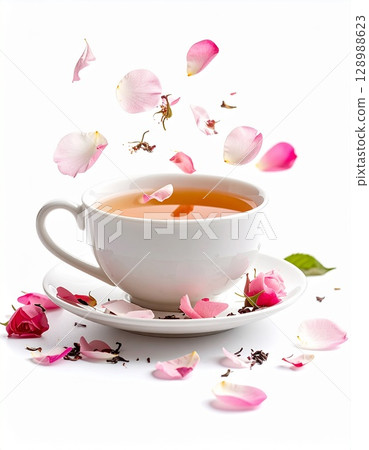 cup of tea with rose and pink rose 128988623
