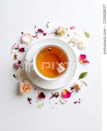cup of green tea and rose on a pink background 128988627