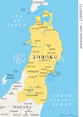 Tohoku, region of Japan, political map. Also known as Northeast region, Ou region, or Northeast Japan, consisting of the six prefectures Akita, Aomori, Fukushima, Iwate, Miyagi, and Yamagata. Vector 128988737