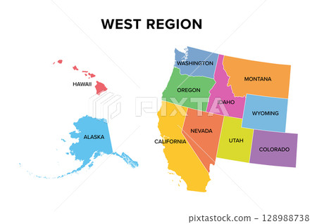 West region of the United States, multi colored map. Geographic region of the USA, consisting of nine contiguous states, the semi-exclave Alaska, and the archipelago of Hawaii in the Pacific Ocean. West region of the United States, multi colored map. Geographic region of the USA, consisting of nine contiguous states, the semi-exclave Alaska, and the archipelago of Hawaii in the Pacific Ocean. 128988738