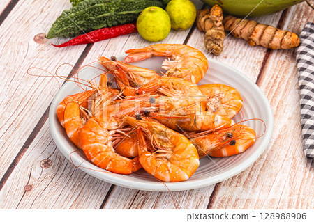 Tasty hot big boiled prawns Tasty hot big boiled prawns 128988906