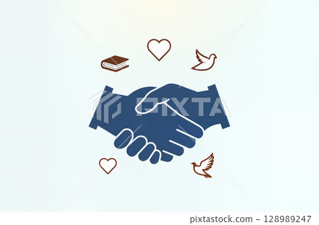 Handshake with hearts, doves, and book symbols signifying peace and knowledge 128989247