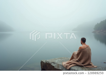 Young caucasian male relaxing by foggy lake wrapped in blanket 128989250