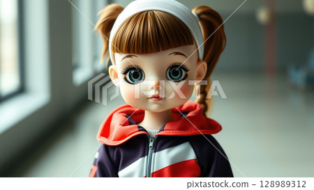 Cute doll with large eyes in a colorful hoodie 128989312