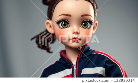 Doll with brown hair and large eyes in sporty outfit 128989314