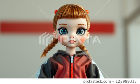 Redhead doll in casual outfit with braids and large blue eyes 128989315