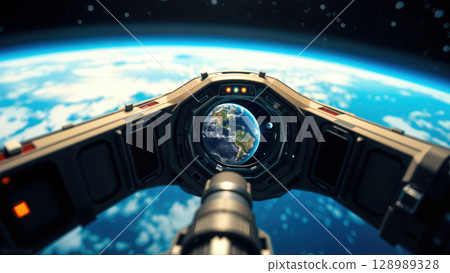 Earth view from space station window showing curved horizon and continents 128989328