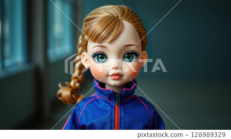 Realistic blonde doll with braided hair in blue jacket with large green eyes indoors Realistic blonde doll with braided hair in blue jacket with large green eyes indoors 128989329
